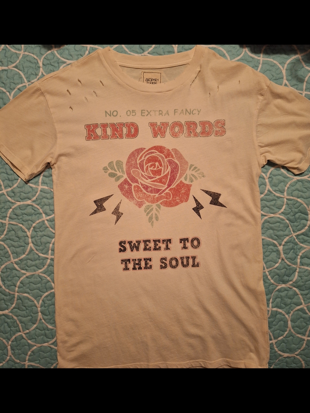 New Buckle White Tee with Pink Rose Graphic - "Kind Words"
